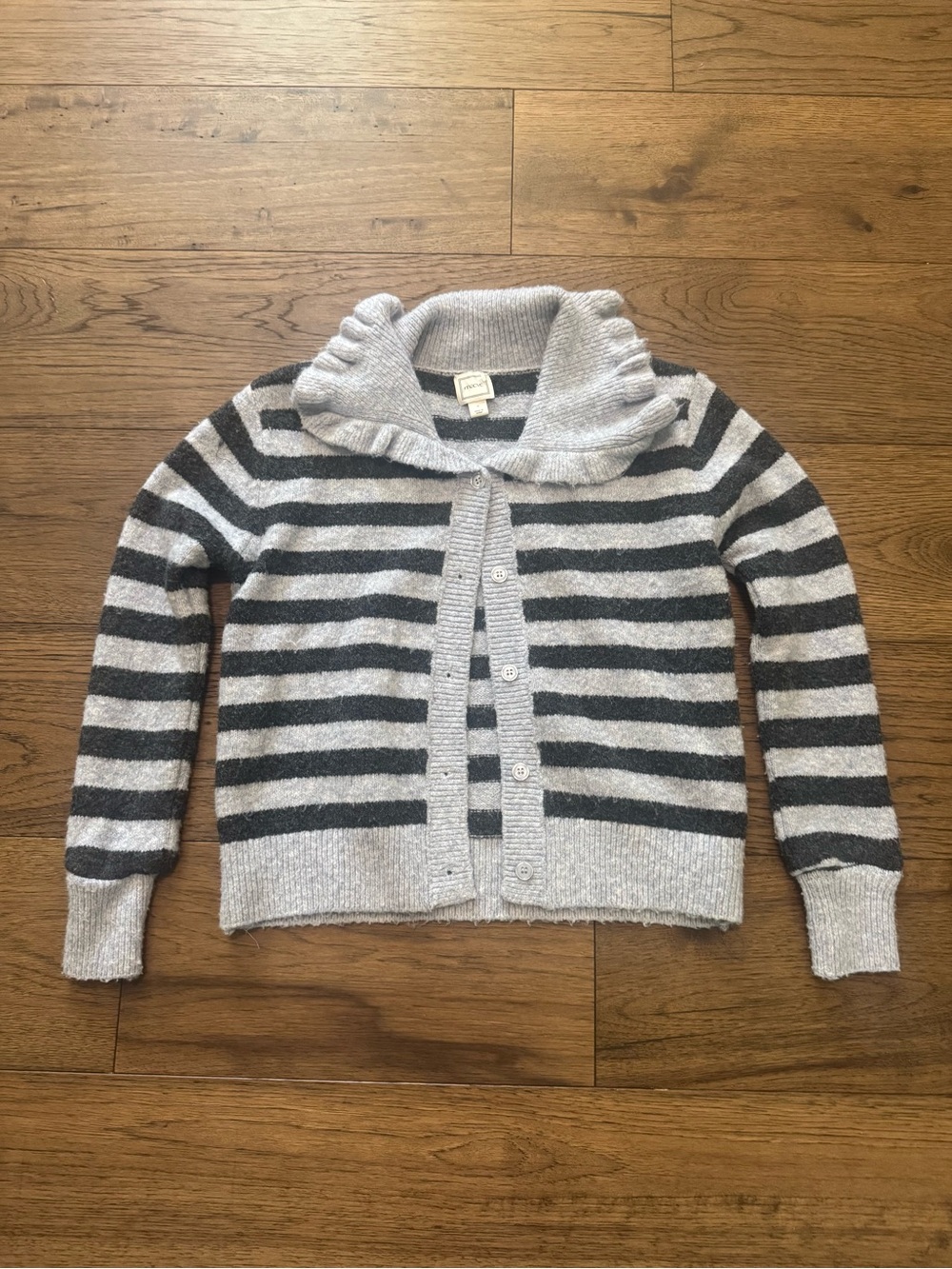 Maeve Striped Shawl-Collar Button Cardigan - Light Gray & Charcoal